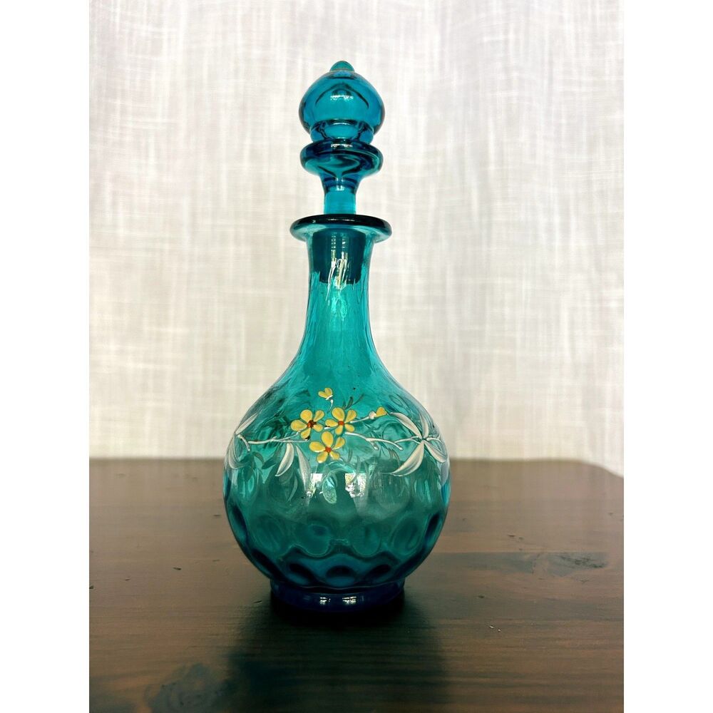 Antique Blue Decanter Hand Blown Glass Enamel Painted Flowers Original Stopper